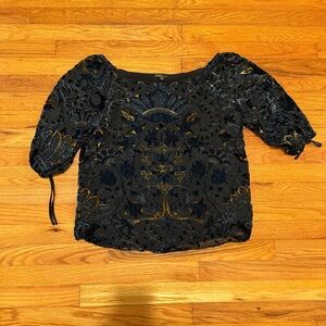 Dalia Black and Blue Velvet Floral Off The Shoulder Top Size M